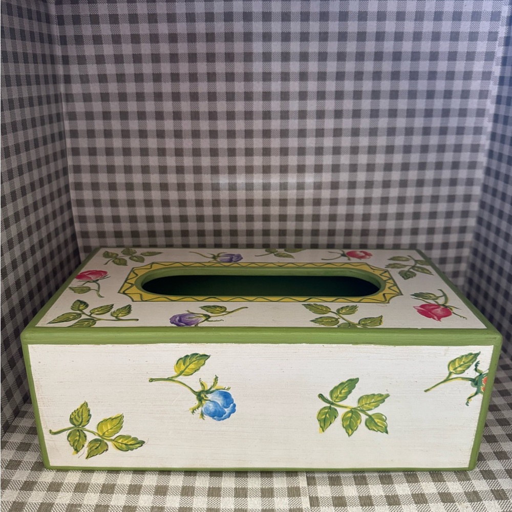 Hand-Painted Floral Rectangular wooden Tissue Box Cover in Cream and Green